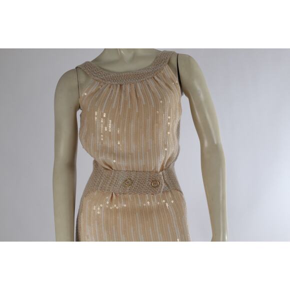 CHANEL 01A Fall 01 Beige 2 Piece Sleeveless Sequin Dress Maxi Tweed Coat Suit 38 - Picture 11 of 16